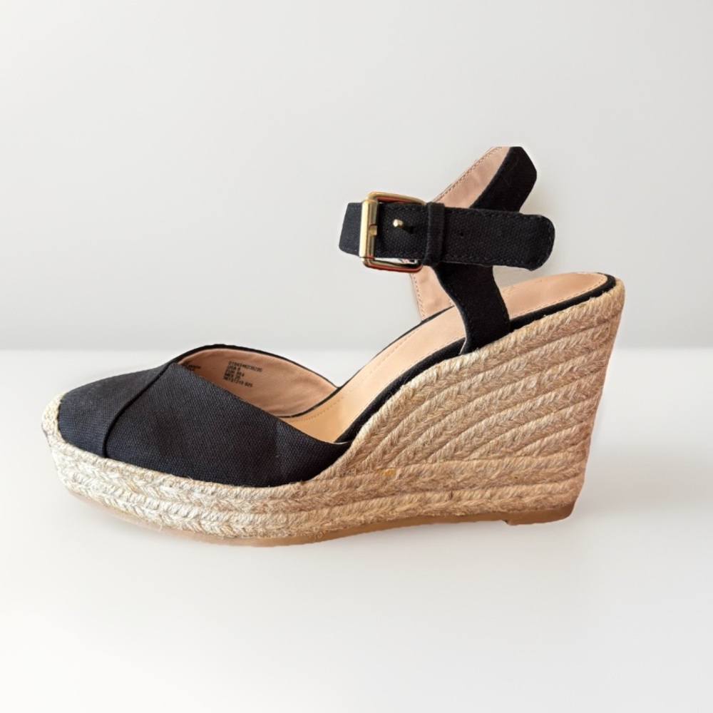 Time And Tru Women's Square Toe Black Espadrille Wedge Heels Size 8